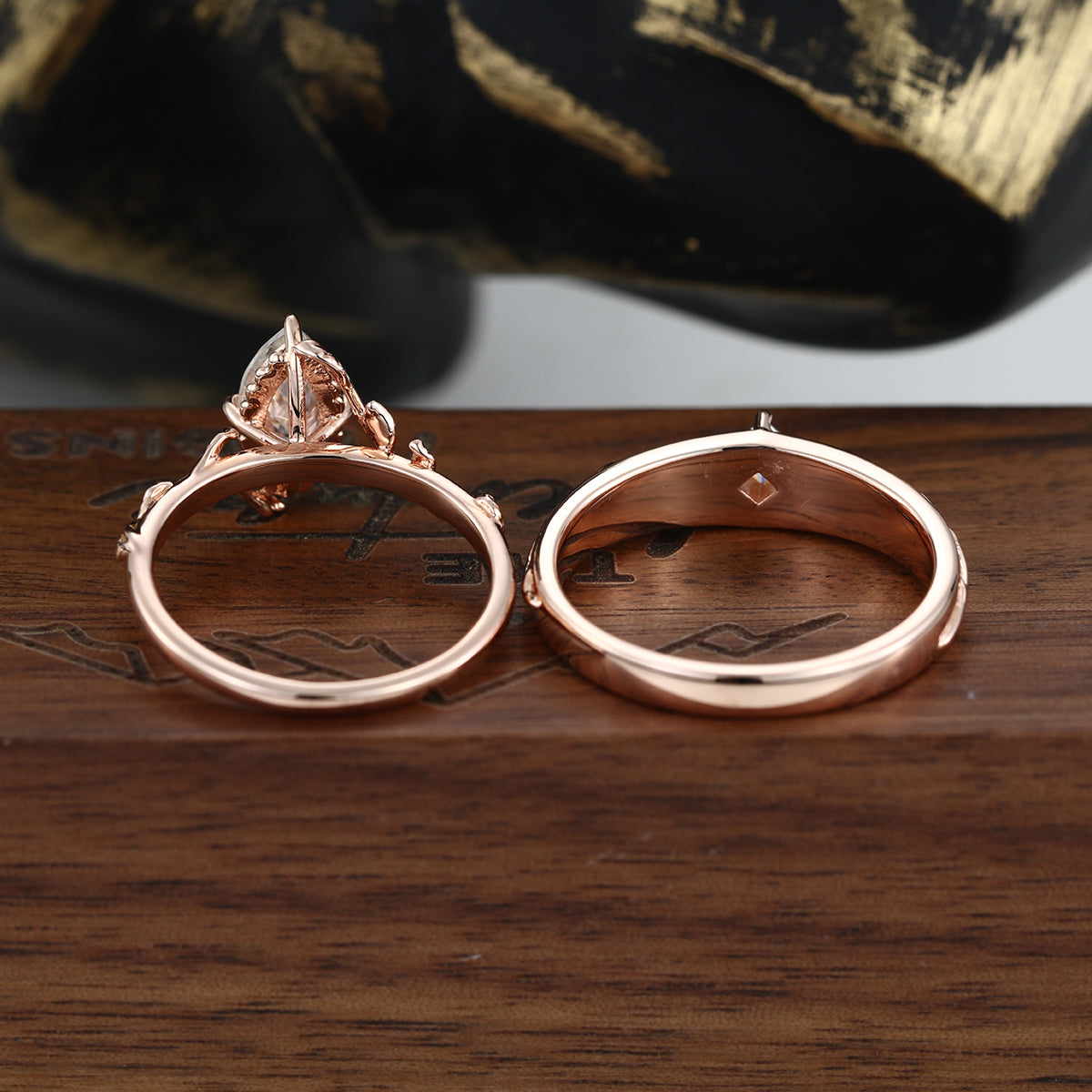 Nature Inspired Moissanite Couple Rings | D Color VVS1 | Rose Gold Leaf Wedding Bridal Set (Copy)
