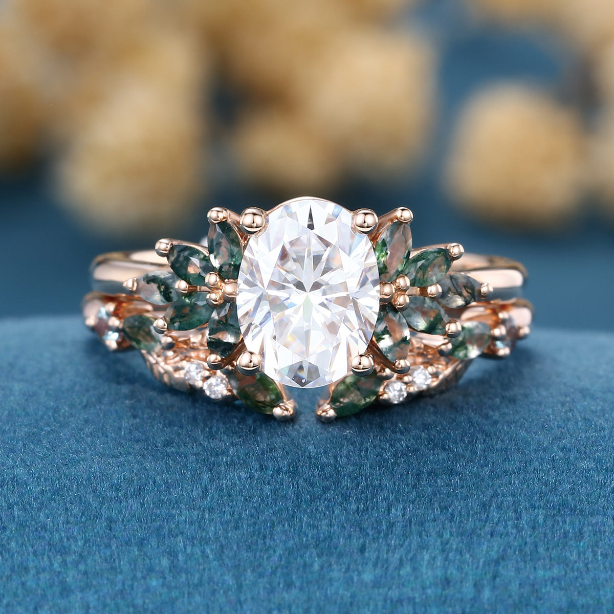 Vintage Oval cut Moissanite + Moss agate Wedding Bridal Set