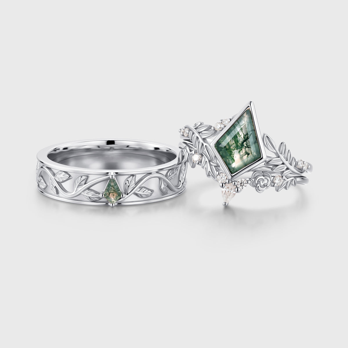 Kite Moss Agate Couples Ring Set- His and Hers Wedding Band Solid Gold Matching Promise Rings