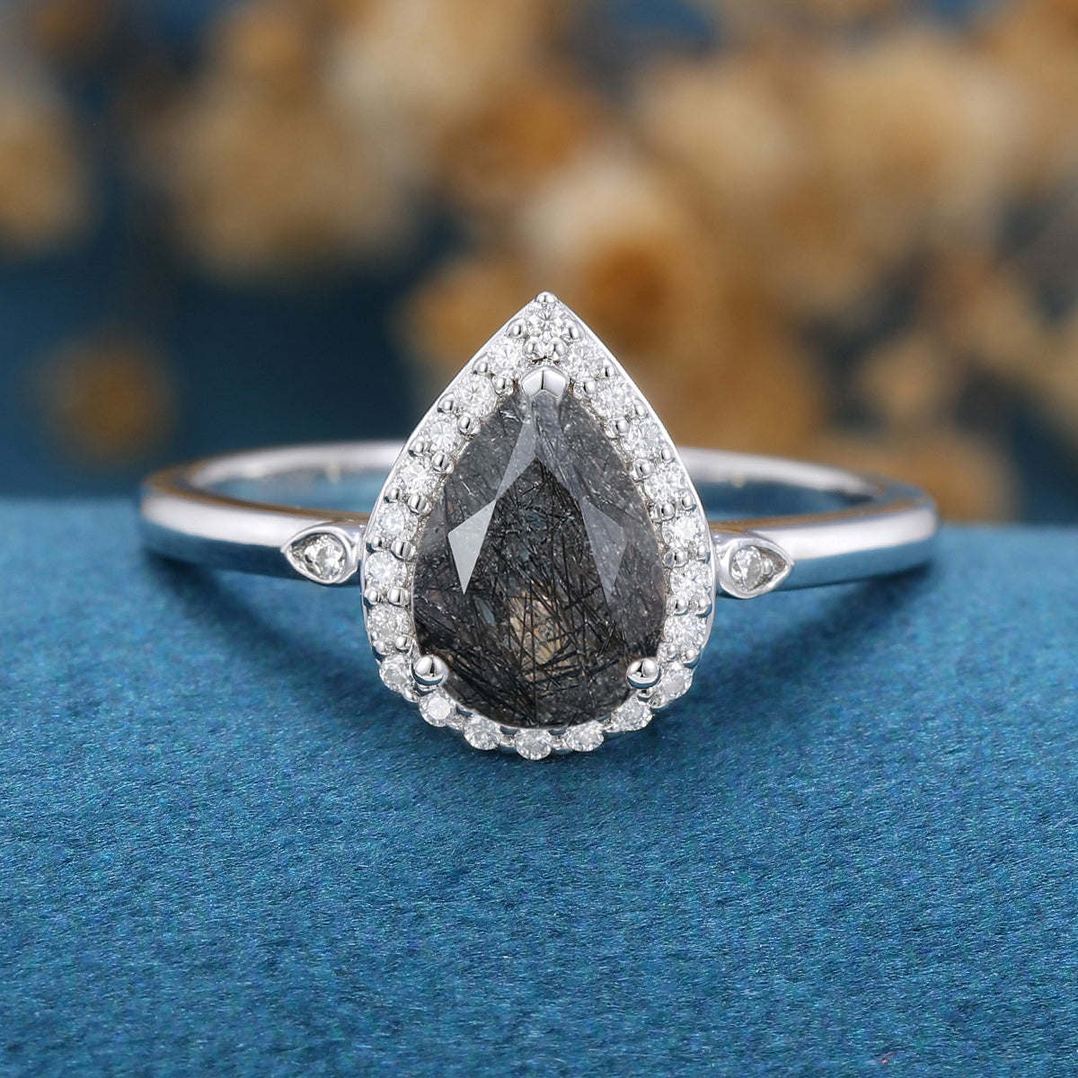 Pear cut Black Rutilated Quartz Halo Engagement ring