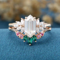 Hexagon cut Moissanite Matching Diamonds | Lab Grown Emerald |  Natural Pink Sapphires  Rose Gold Wedding Bridal Set