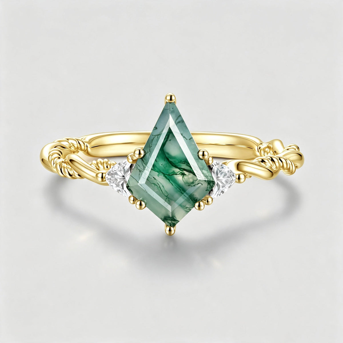 Kite Cut Natural Green Moss Agate Cluster Engagement Ring