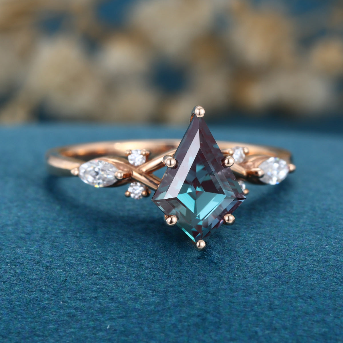 Kite cut Lab Alexandrite Solid Gold Engagement Ring