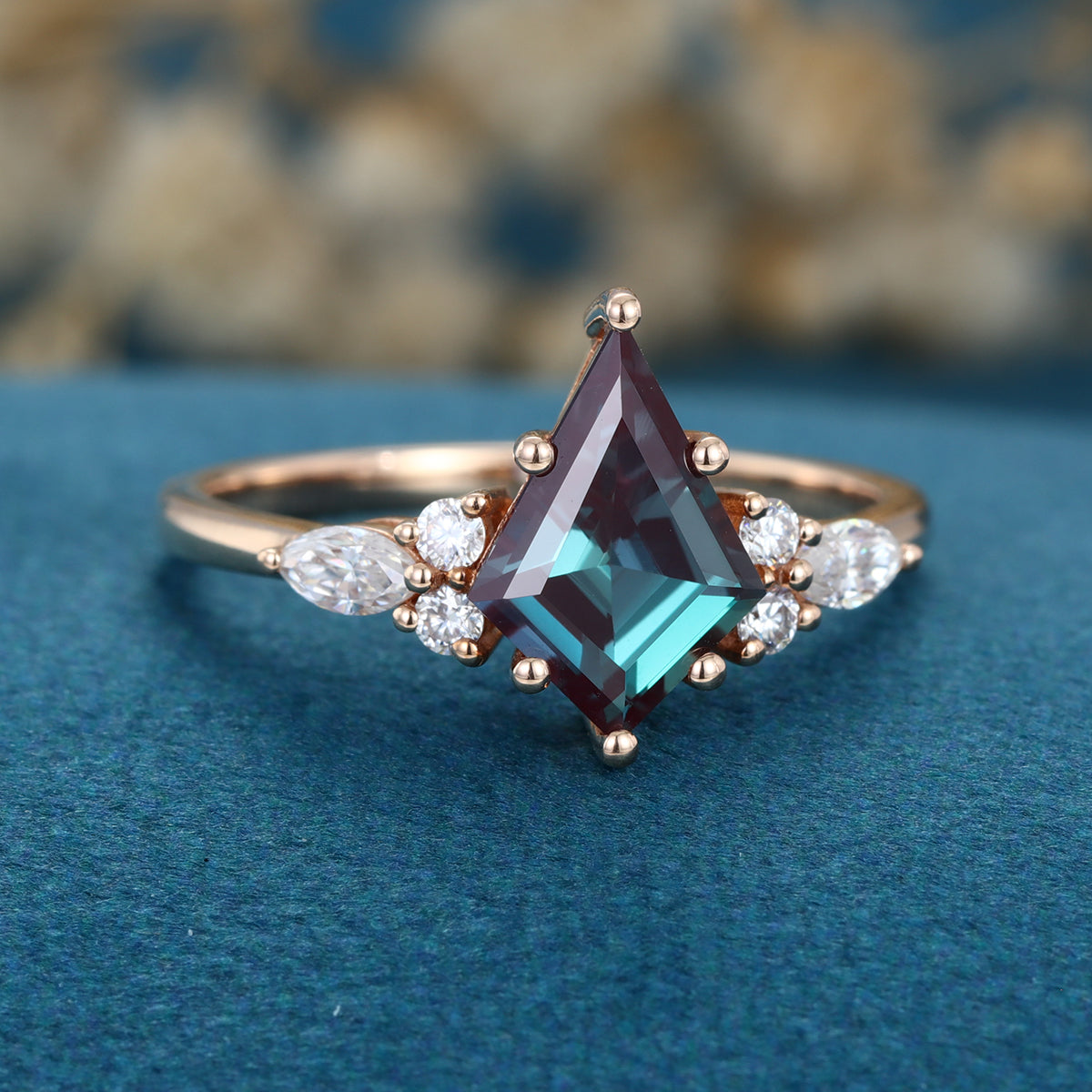 Kite cut Lab Alexandrite Solid Gold Engagement Ring