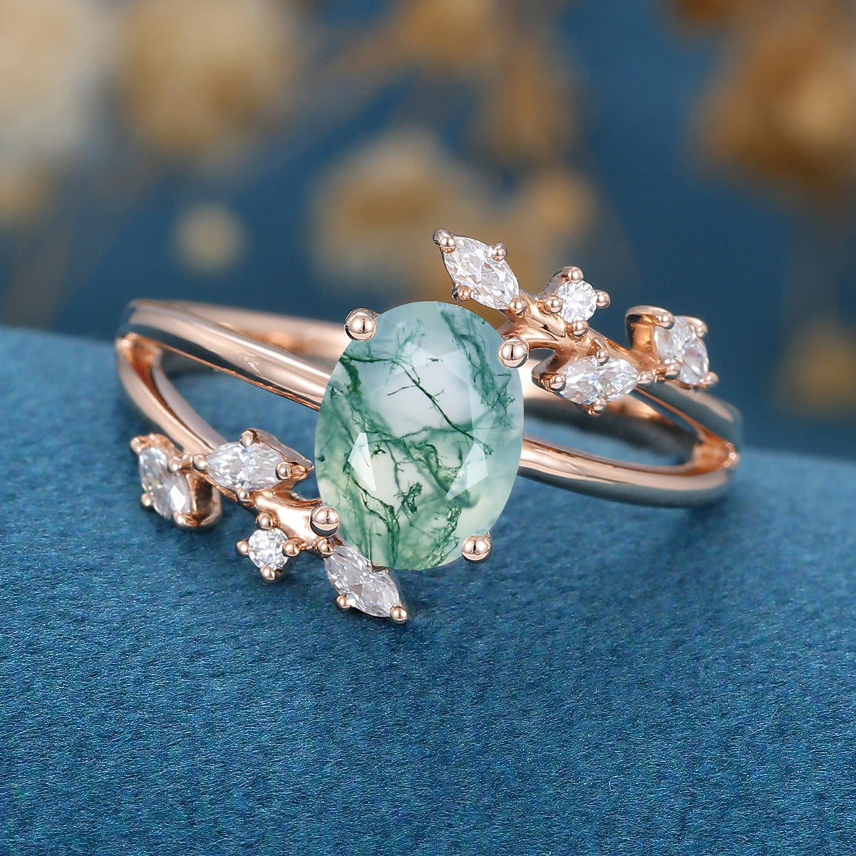 Natural Green Moss Agate Oval cut cluster Engagement Ring 