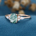 Natural Green Moss Agate Oval cut cluster Engagement Ring 