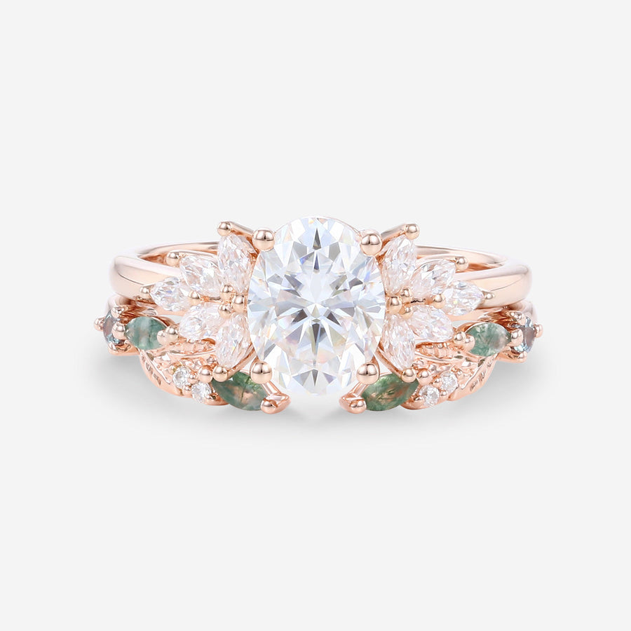 Oval cut Moissanite Engagement ring +Moss agate Wedding Bridal set