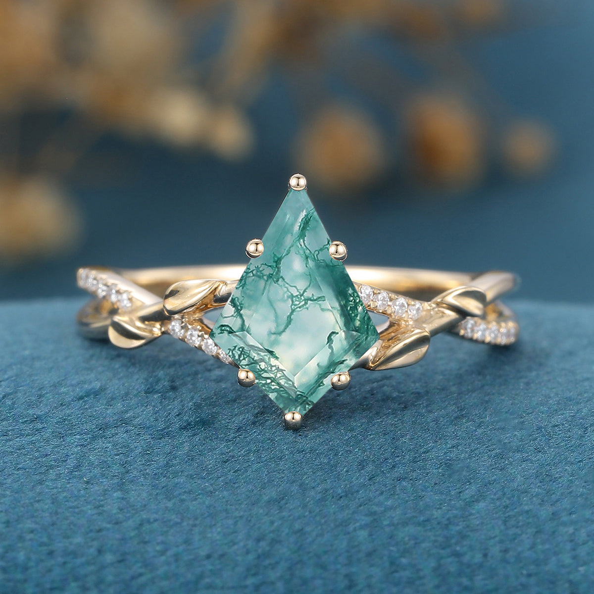 Kite Cut Natural Green Moss Agate Cluster Engagement Ring