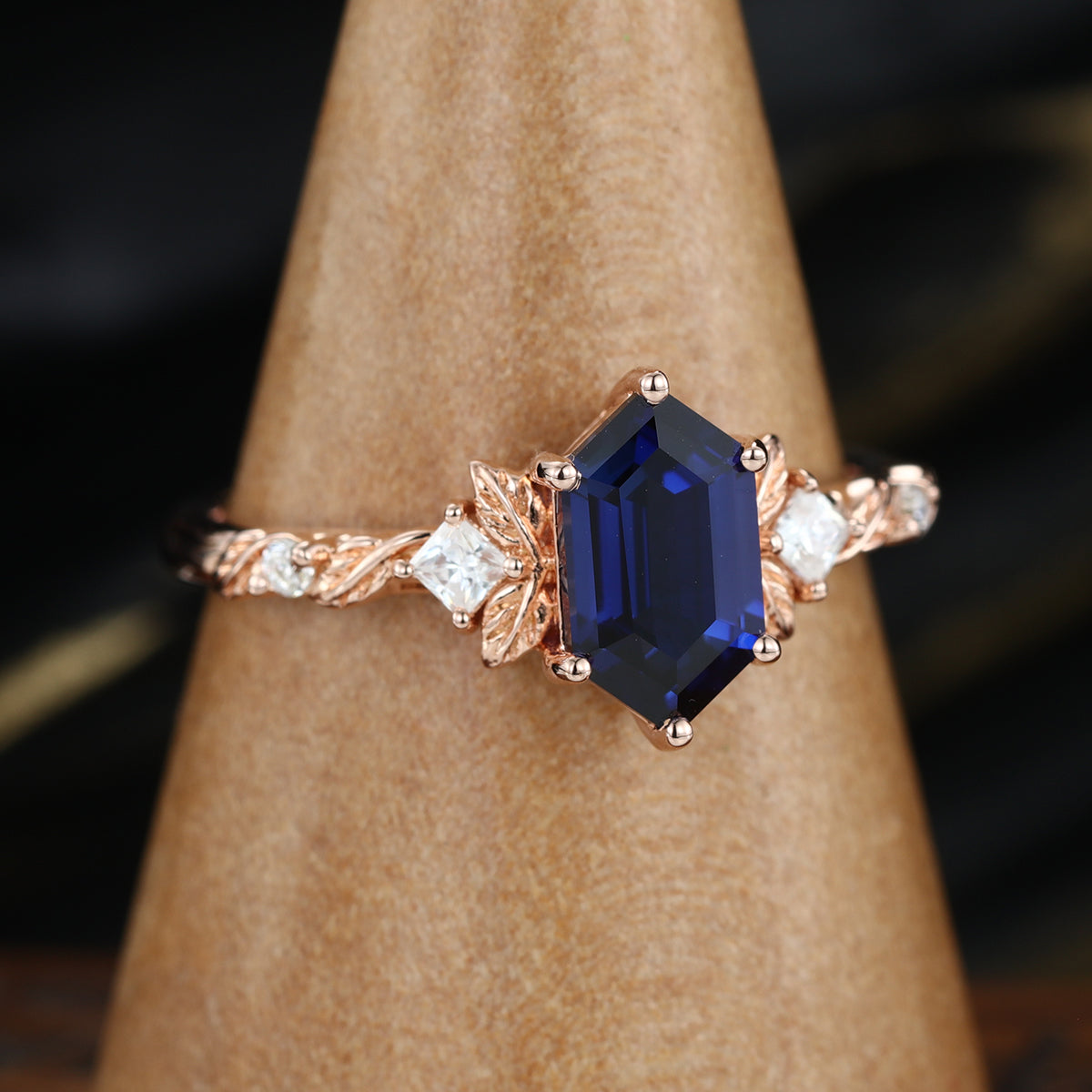 Long Hexagon cut Lab Sapphire + Diamonds Leaf Gold Engagement Ring