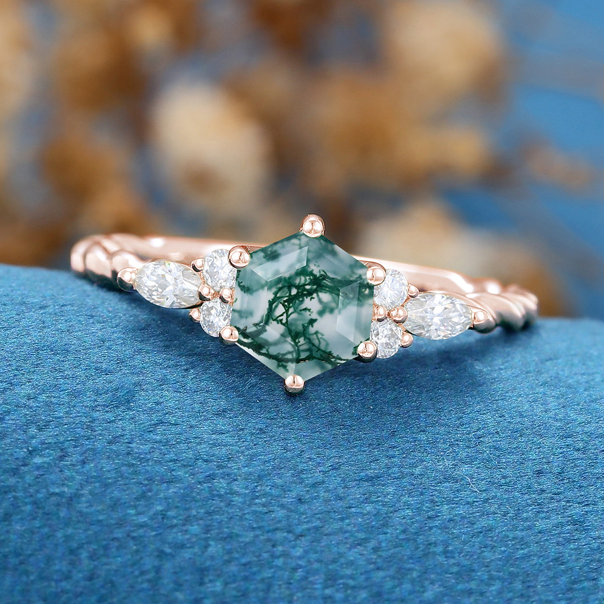 Hexagon Cut Natural Green Moss Agate Cluster Engagement Ring 