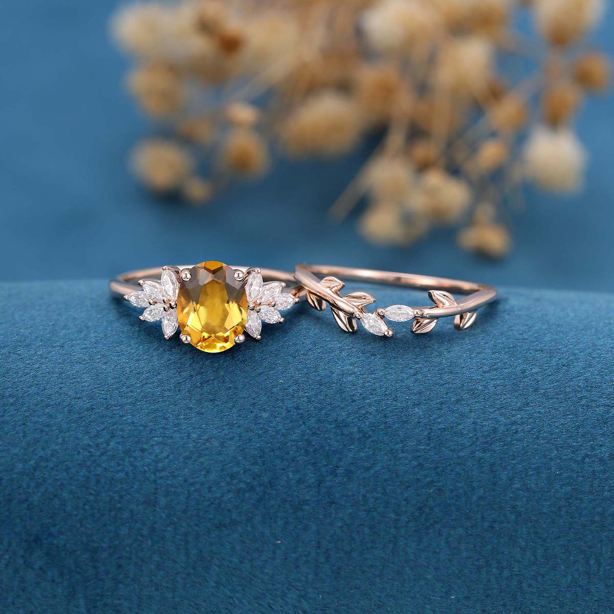 Oval cut Citrine Cluster Engagement ring Bridal Set 