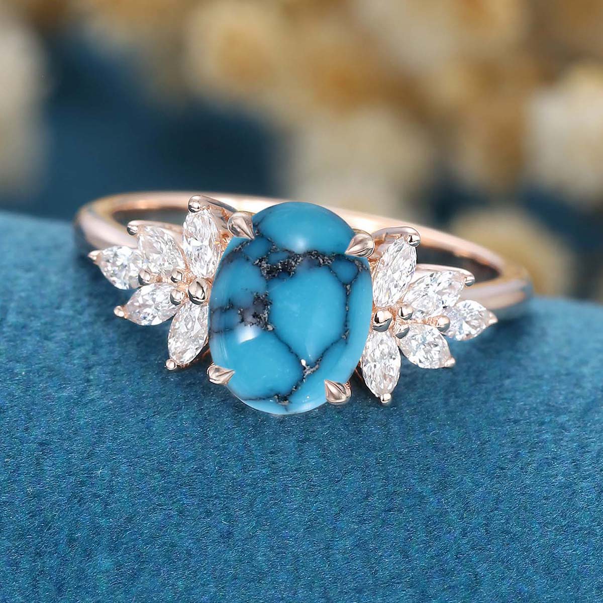 Oval Cut Turquoise Cluster Engagement Ring