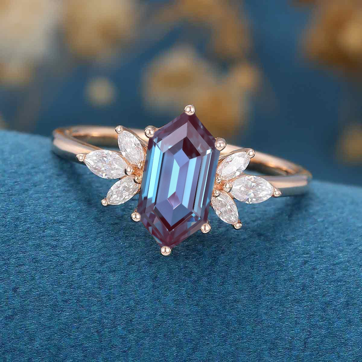 Long Hexagon cut Alexandrite | Diamond Engagement ring 