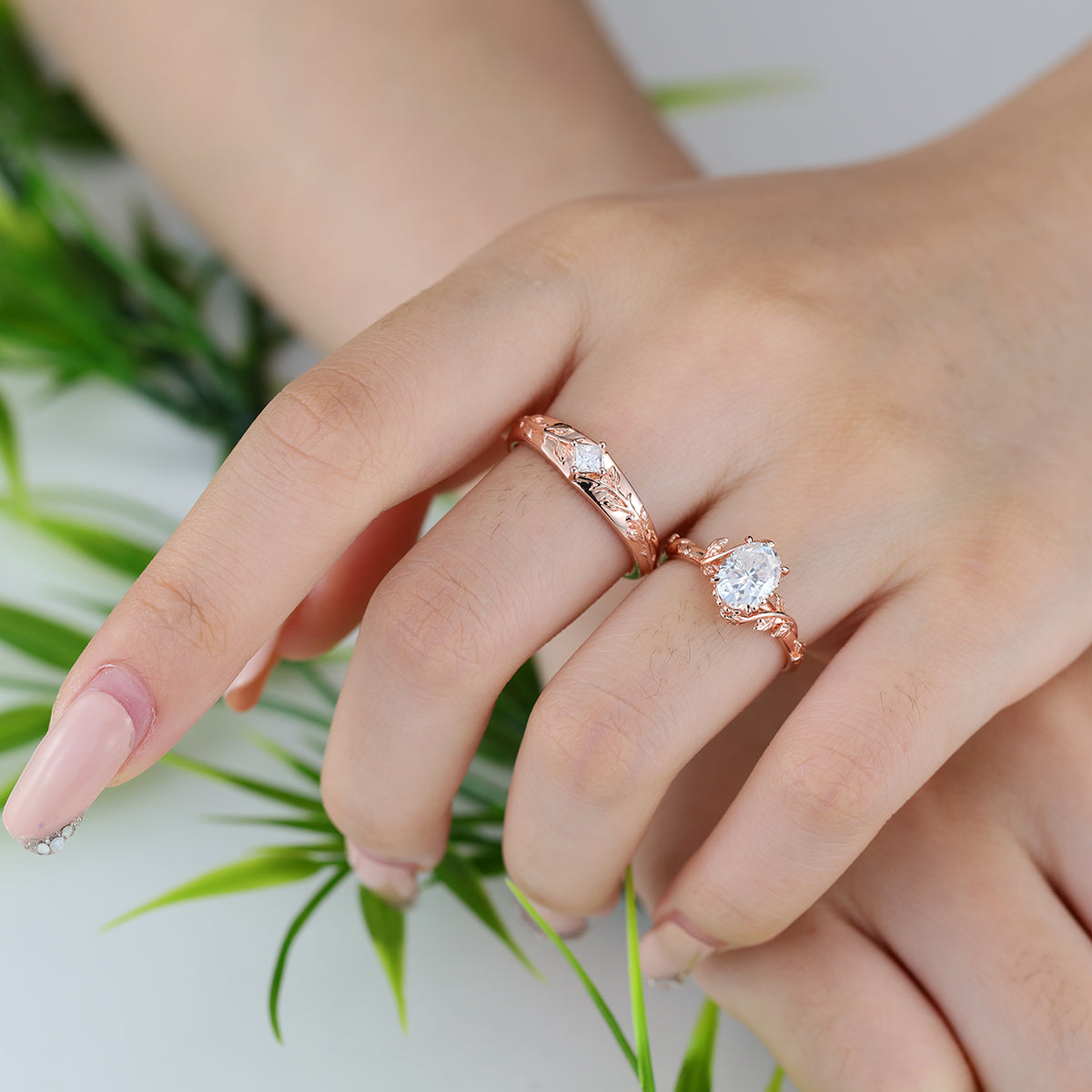 Nature Inspired Moissanite Couple Rings | D Color VVS1 | Rose Gold Leaf Wedding Bridal Set