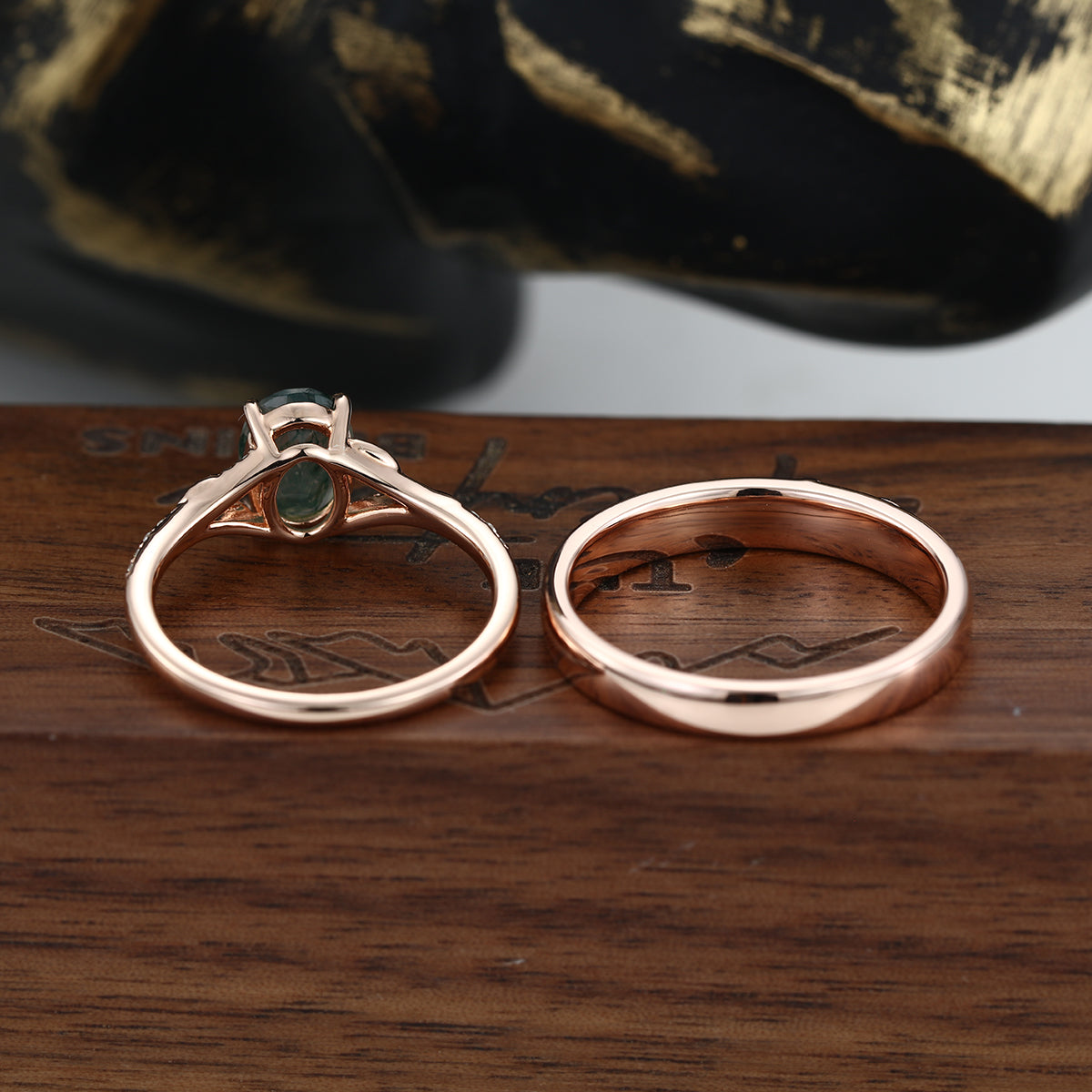 Enchanted Forest Moss Agate Couple Rings | Rose gold | Handcrafted Nature-Inspired Jewelry