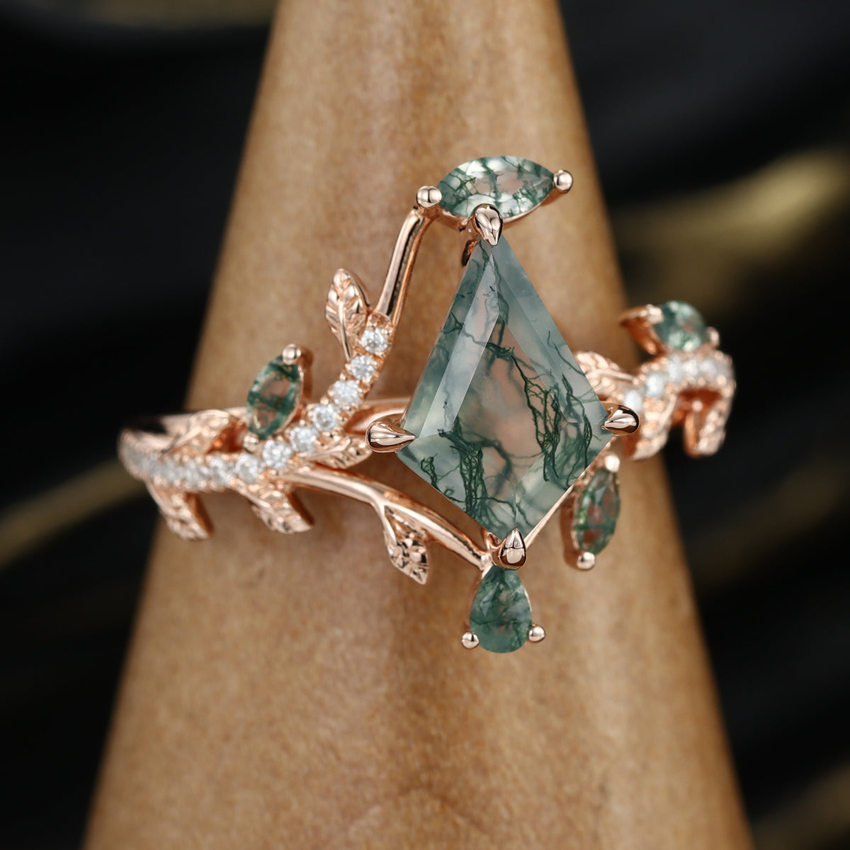 Nature Inspired Kite cut Moss Agate Leaf Gold Engagement Ring