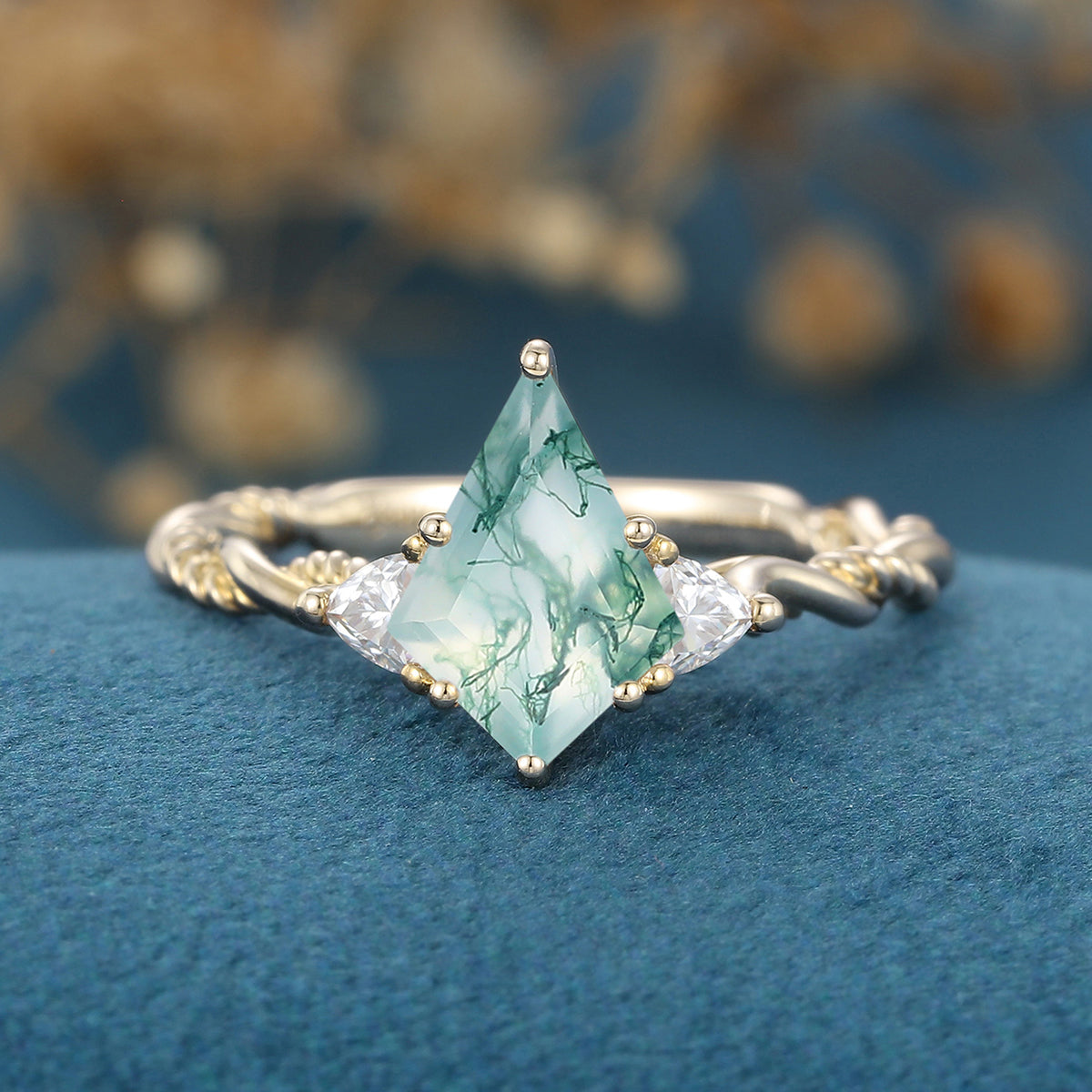 Kite Cut Natural Green Moss Agate Cluster Engagement Ring