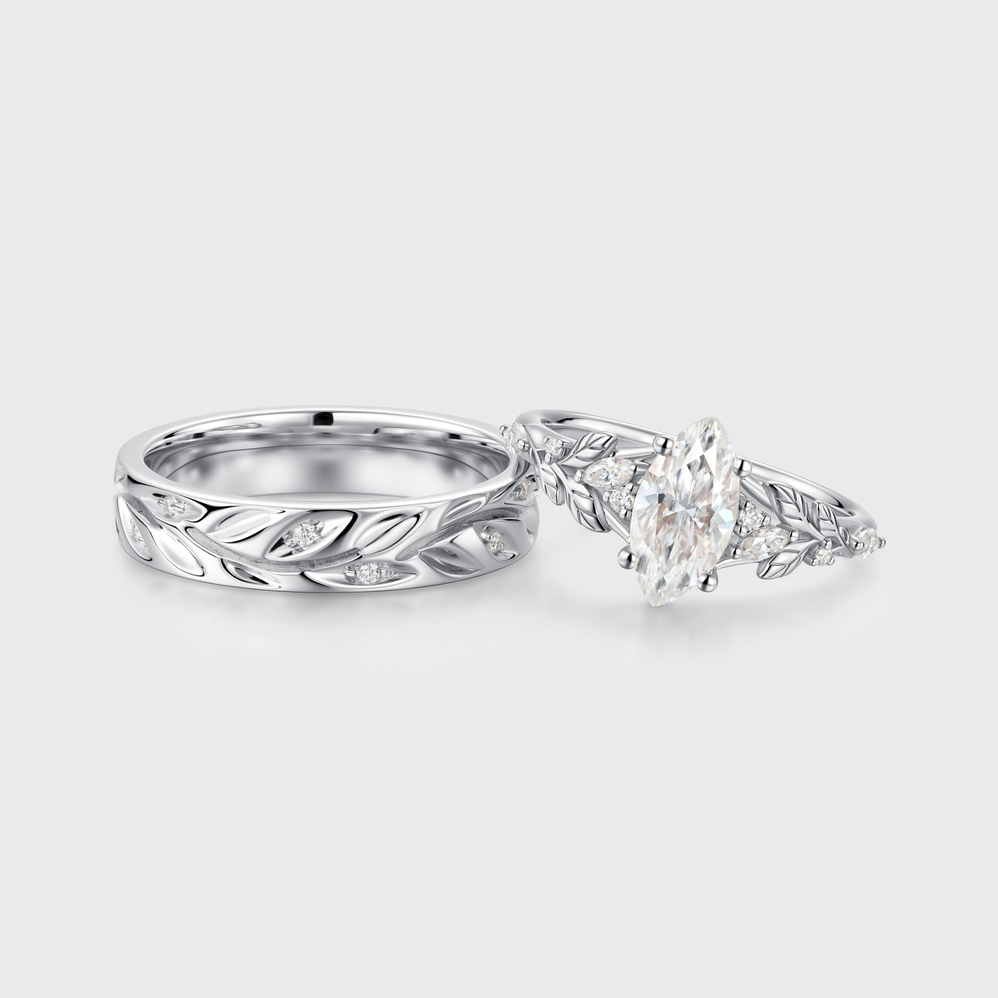 Marquise cut Moissanite Couple Rings | D Color VVS1 | Rose Gold Leaf Wedding Bridal Set