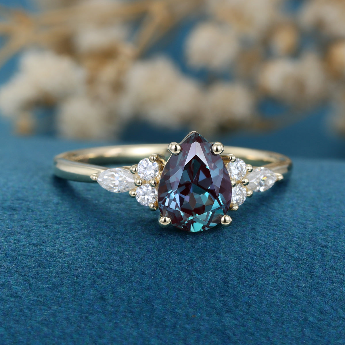 Pear shaped Lab Alexandrite Cluster Engagement ring