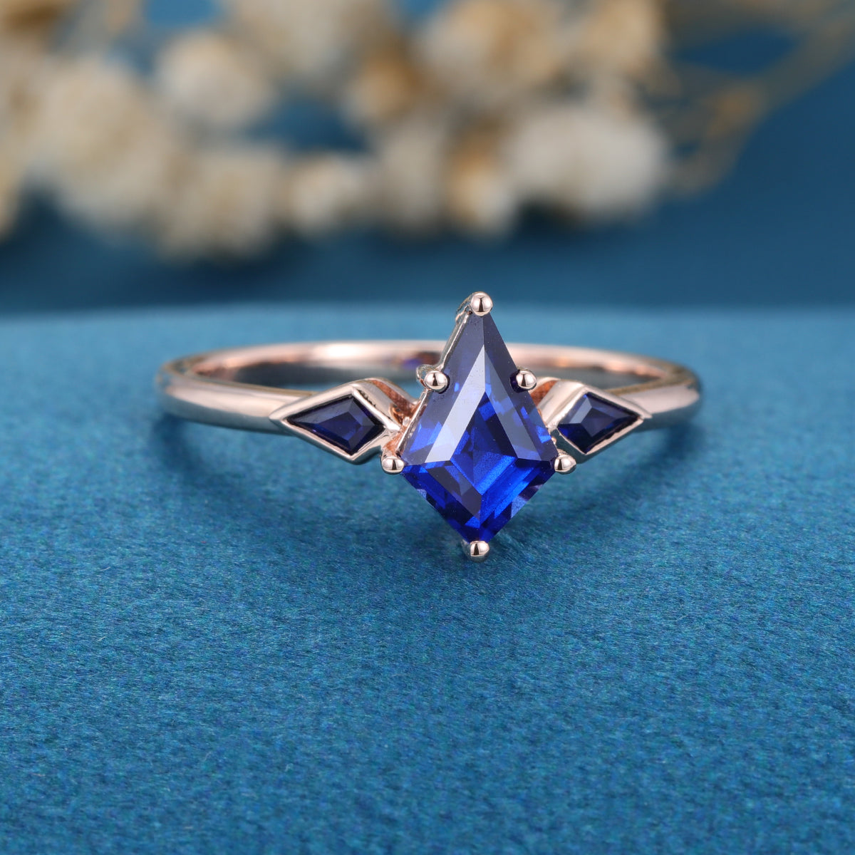 Kite Cut Lab Sapphire Yellow Gold Engagement Ring