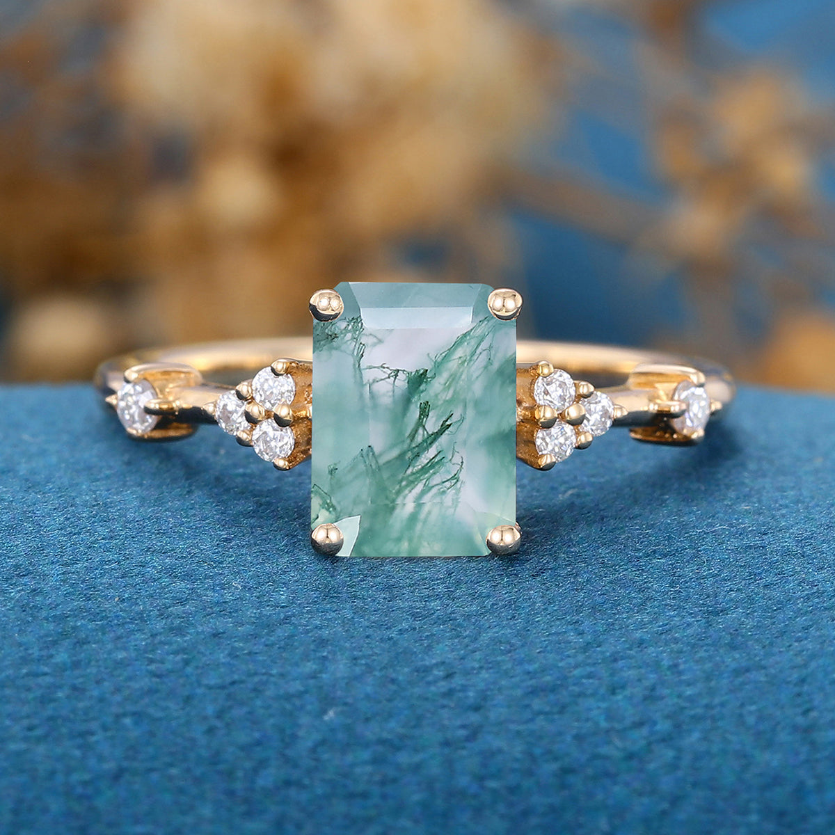 Emerald Cut Natural Green Moss Agate Cluster Engagement Ring