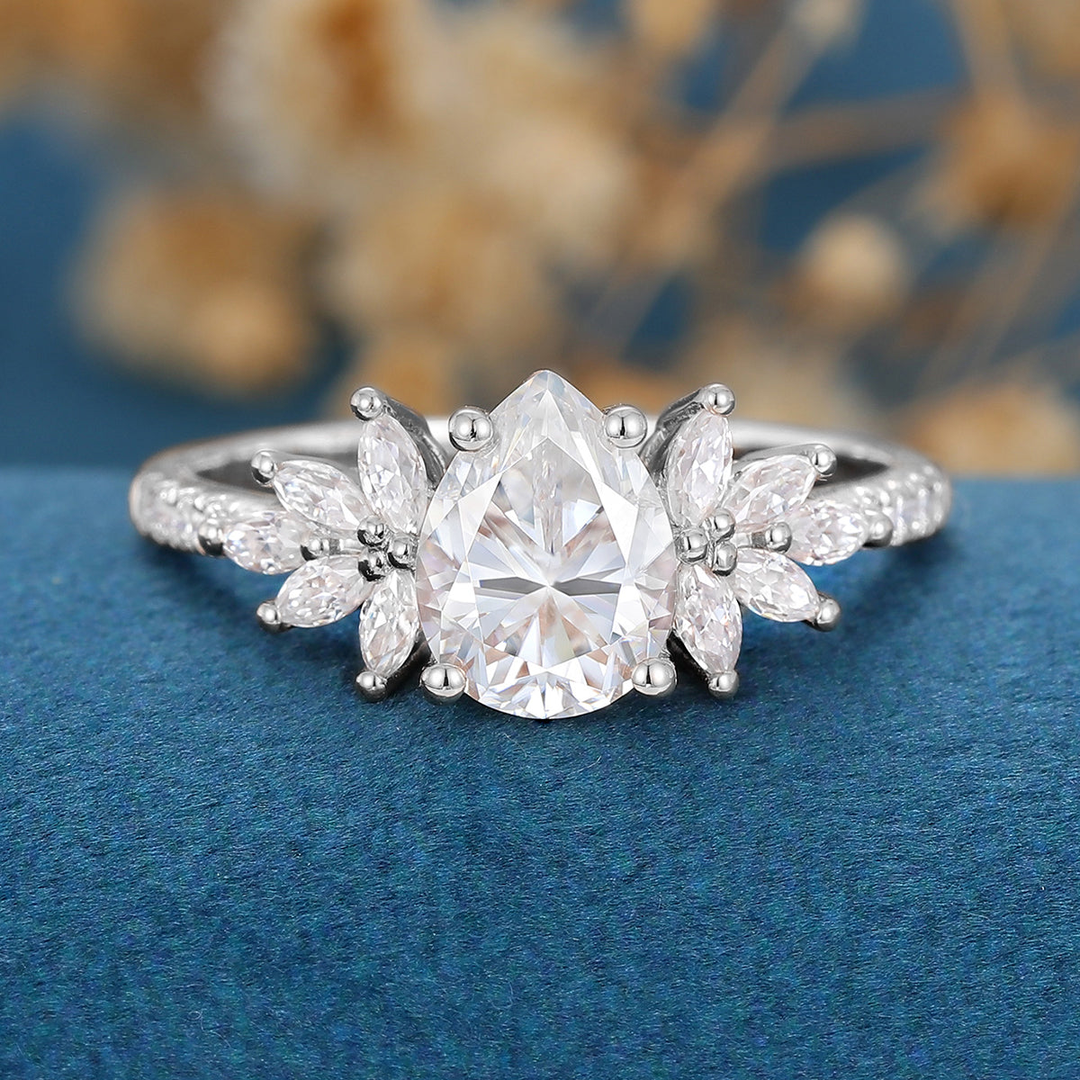 Pear cut Moissanite Cluster | Half Eternity Engagement ring