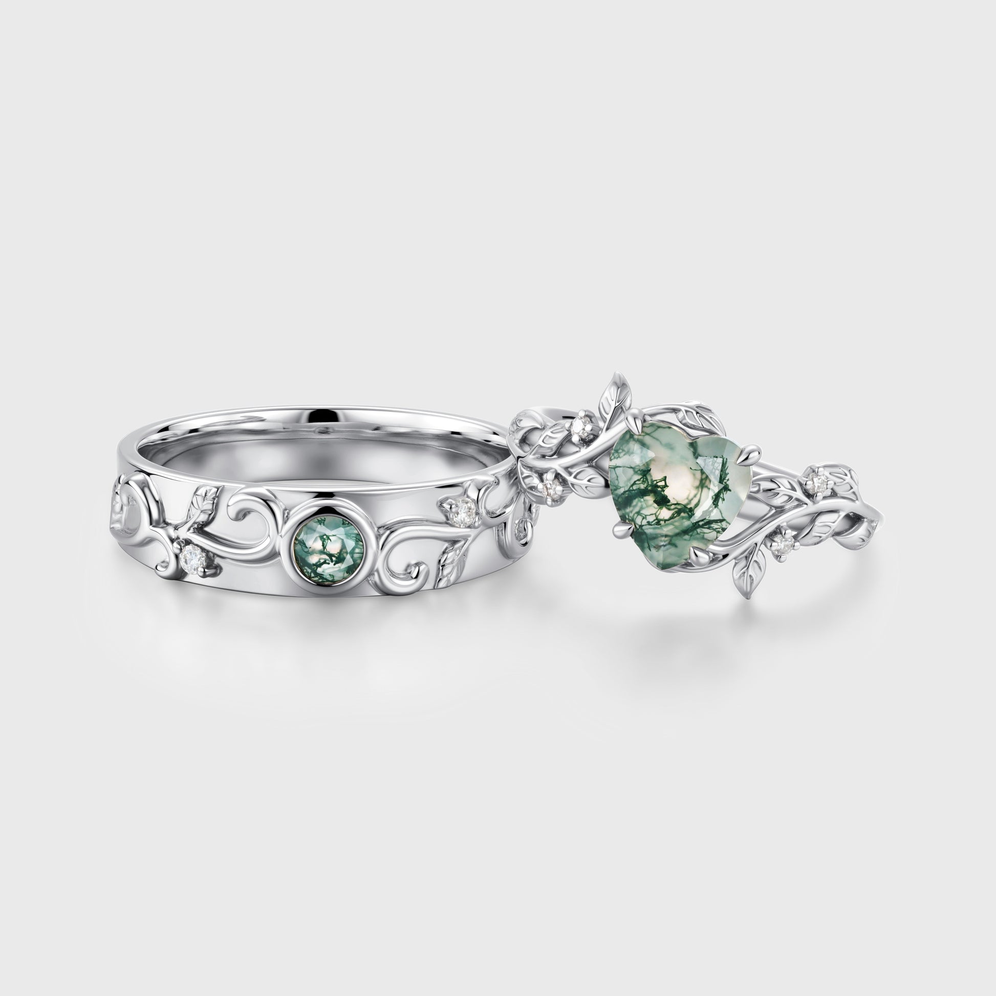 Forever Glow Moss Agate Couple Rings | Rose Gold Leaf Wedding Bridal Set