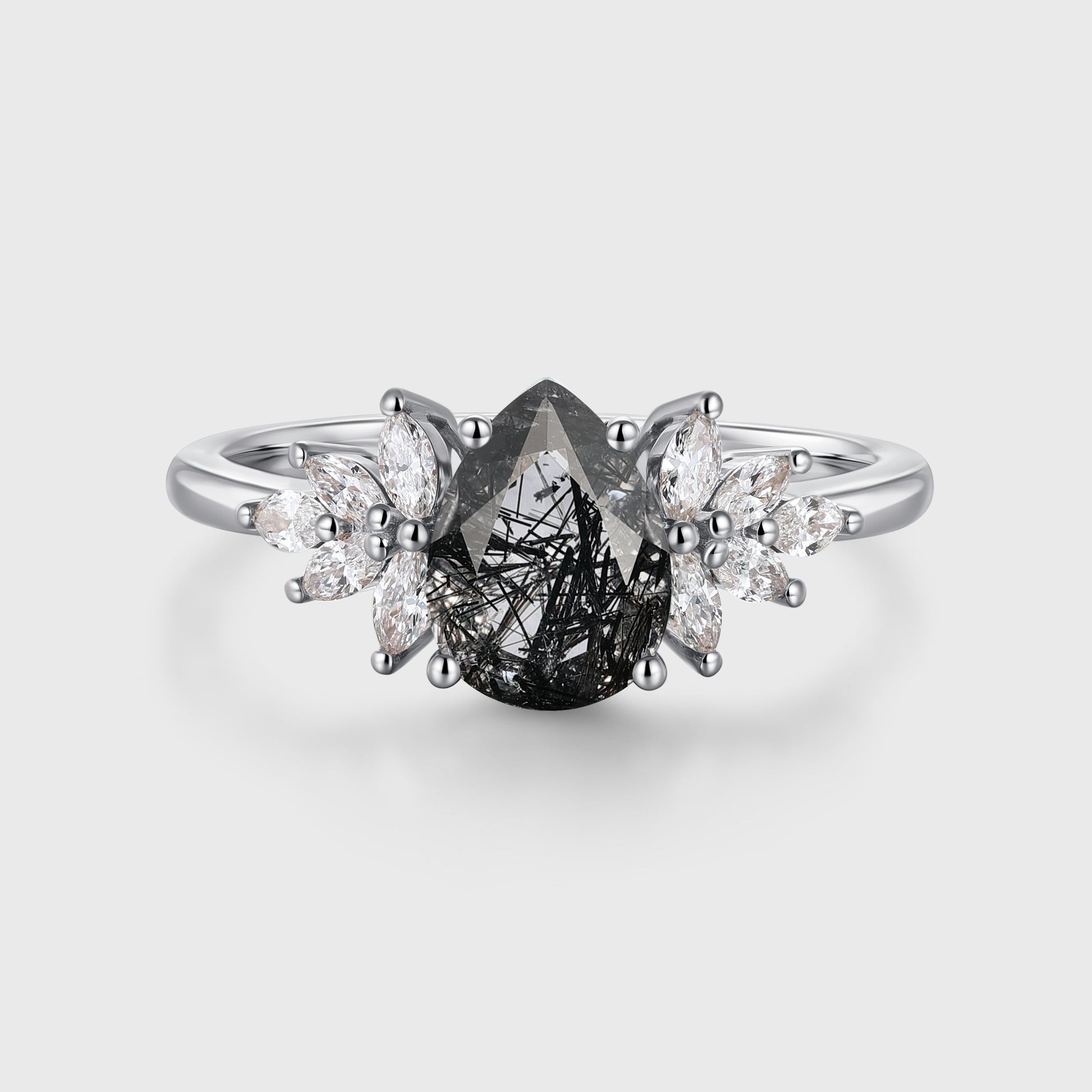 Pear cut Black Rutilated Quartz Cluster Engagement ring