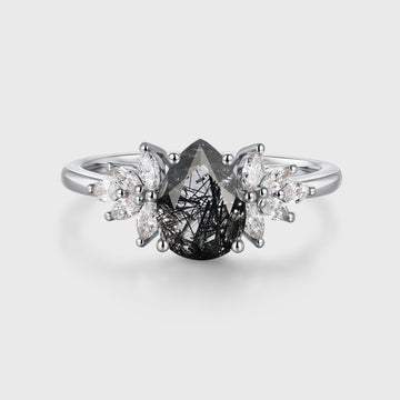 Pear cut Black Rutilated Quartz Cluster Engagement ring