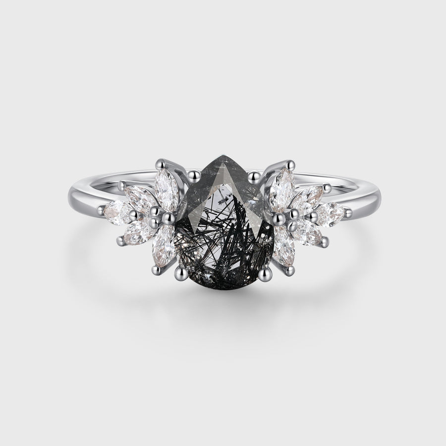 Pear cut Black Rutilated Quartz Cluster Engagement ring