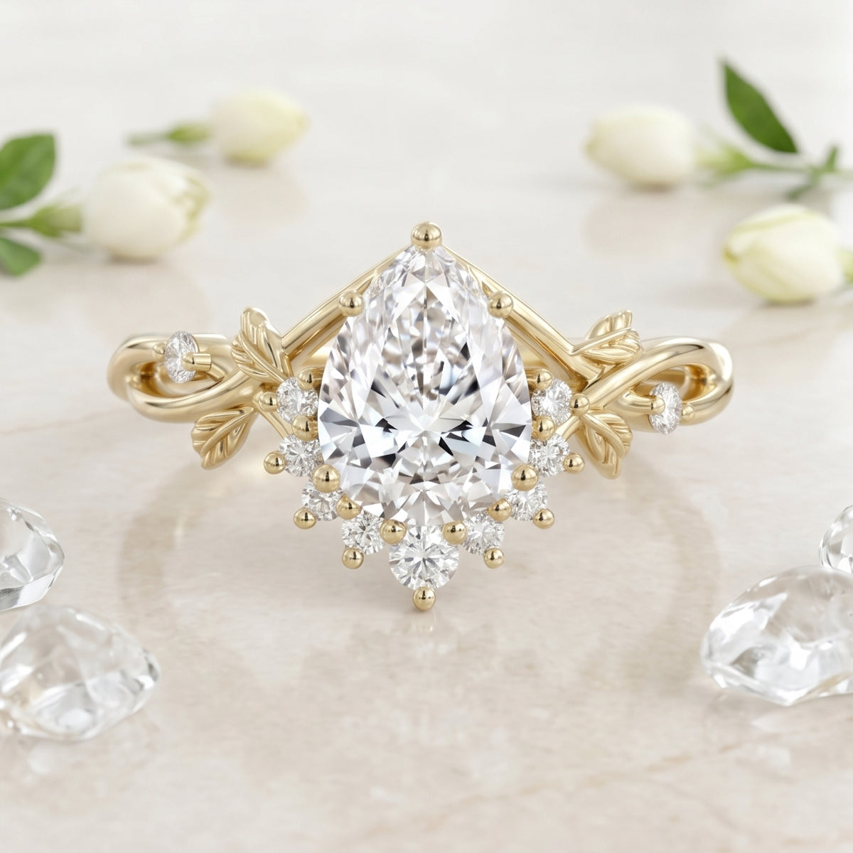 1.0CT~5.0ct  Pear cut Lab grown Diamond Twisted Shank Leaf Engagement Ring