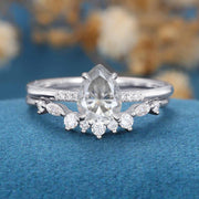 Pear Cut Gray Moissanite Engagement ring Bridal Set