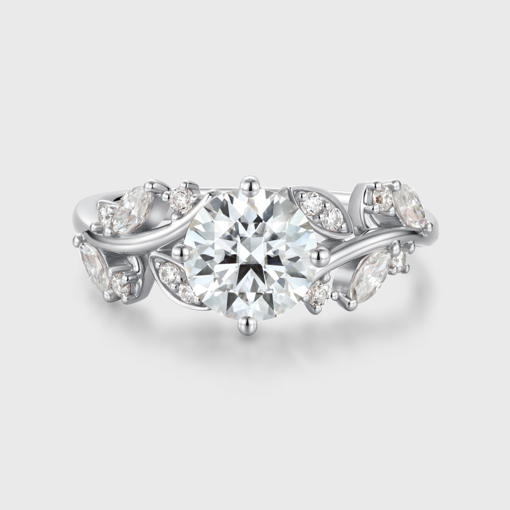 Nature Inspired Round cut Moissanite Leaf Gold Engagement Ring