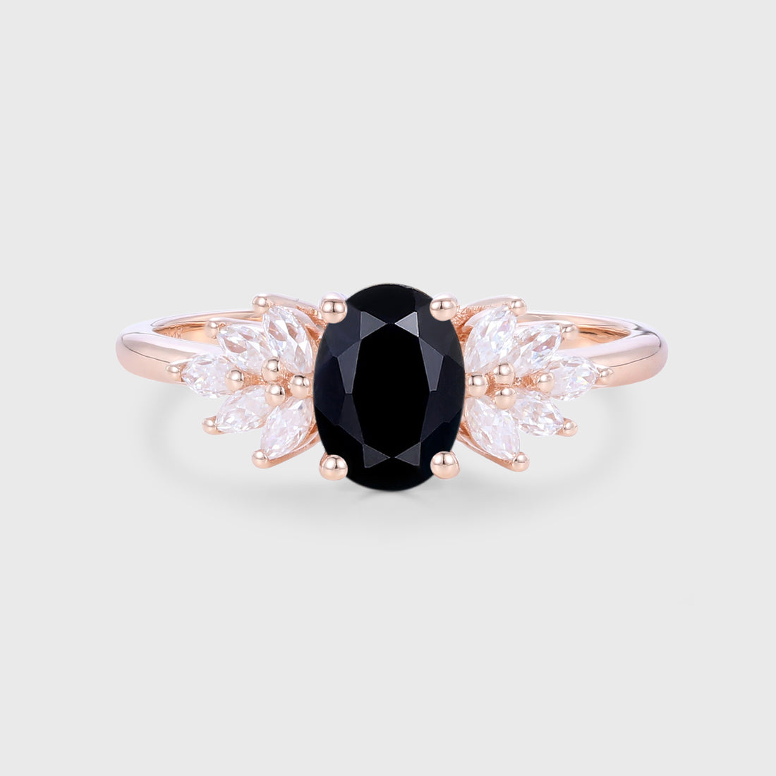 Oval cut Black Sapphire Cluster Engagement ring