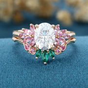 Oval cut Moissanite Matching Diamonds | Lab Grown Emerald |  Natural Pink Sapphires  Rose Gold Wedding Bridal Set