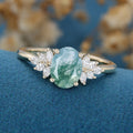 Natural Green Moss Agate Oval cut cluster Engagement Ring 