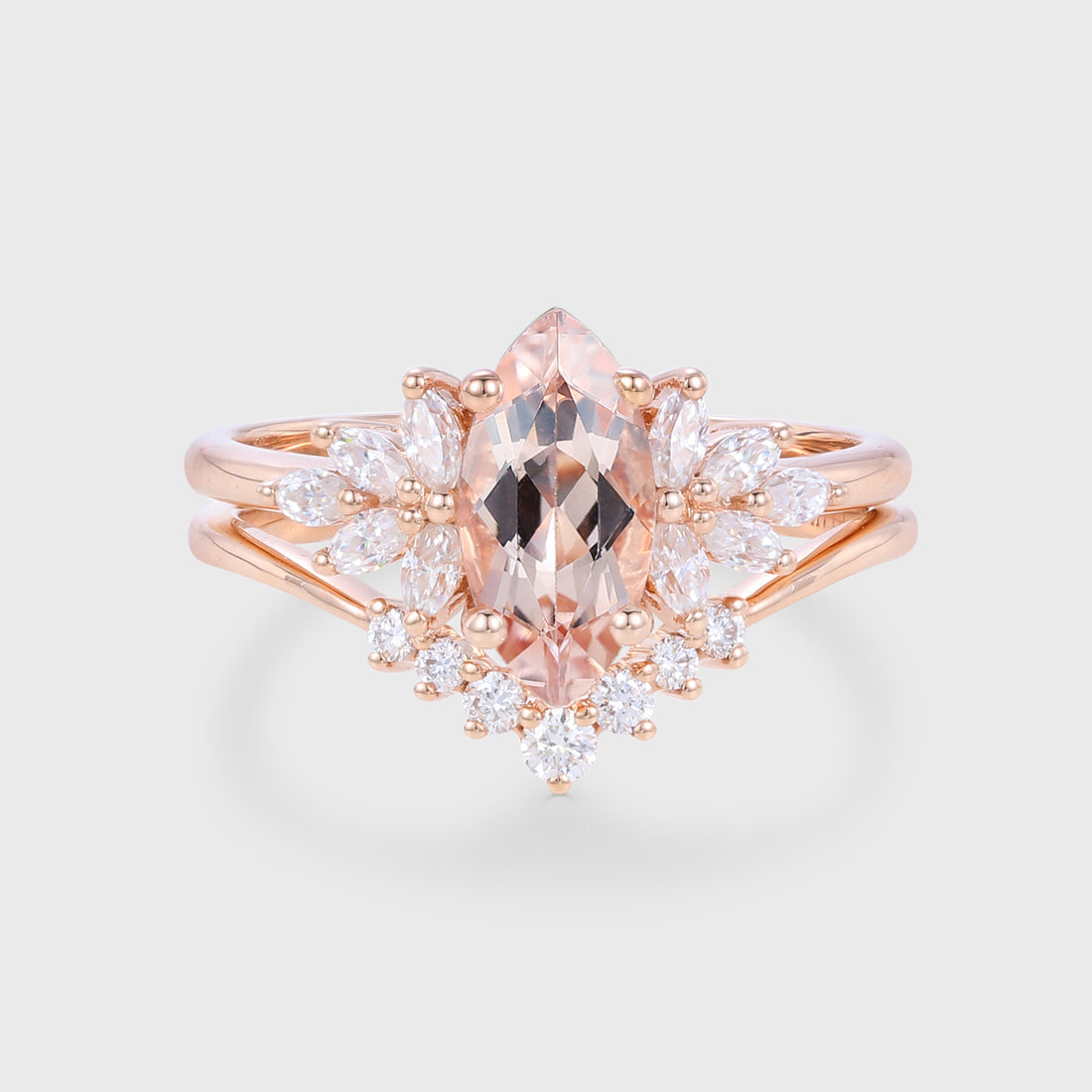 1.0Carat Marquise cut Morganite Cluster Engagement ring Bridal Set