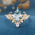 Kite Cut Natural Green Moss Agate Cluster Engagement Ring