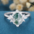 Oval Cut Natural Green Moss Agate Cluster Engagement Ring