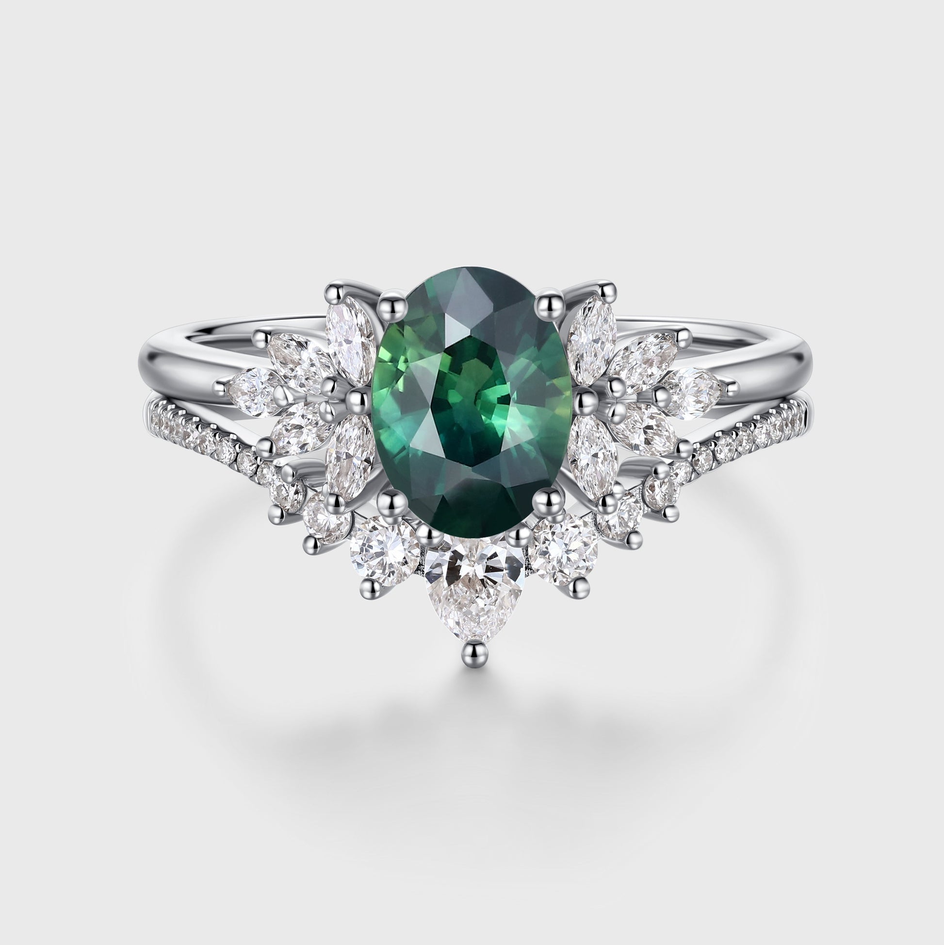 1.5Carat Oval Blue green sapphire Engagement ring Bridal Set