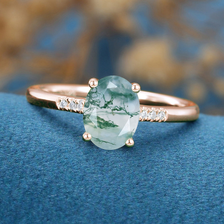 Oval Cut Natural Green Moss Agate Cluster Engagement Ring 