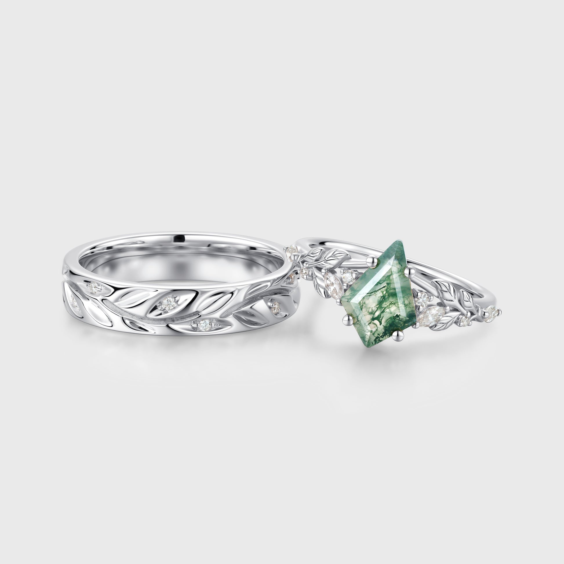 Forever Glow Moss Agate Couple Rings | Rose Gold Leaf Wedding Bridal Set