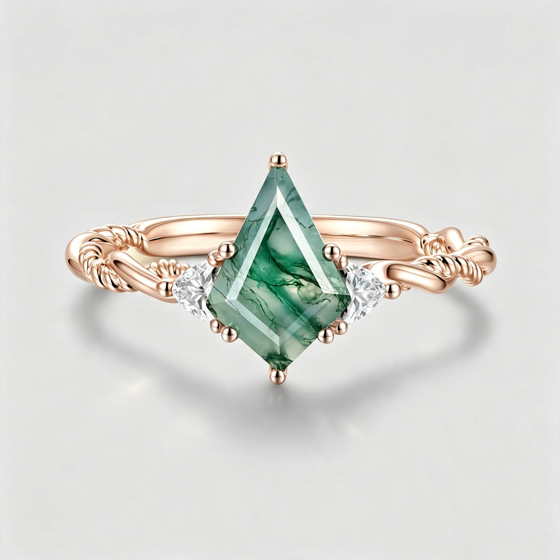 Kite Cut Natural Green Moss Agate Cluster Engagement Ring