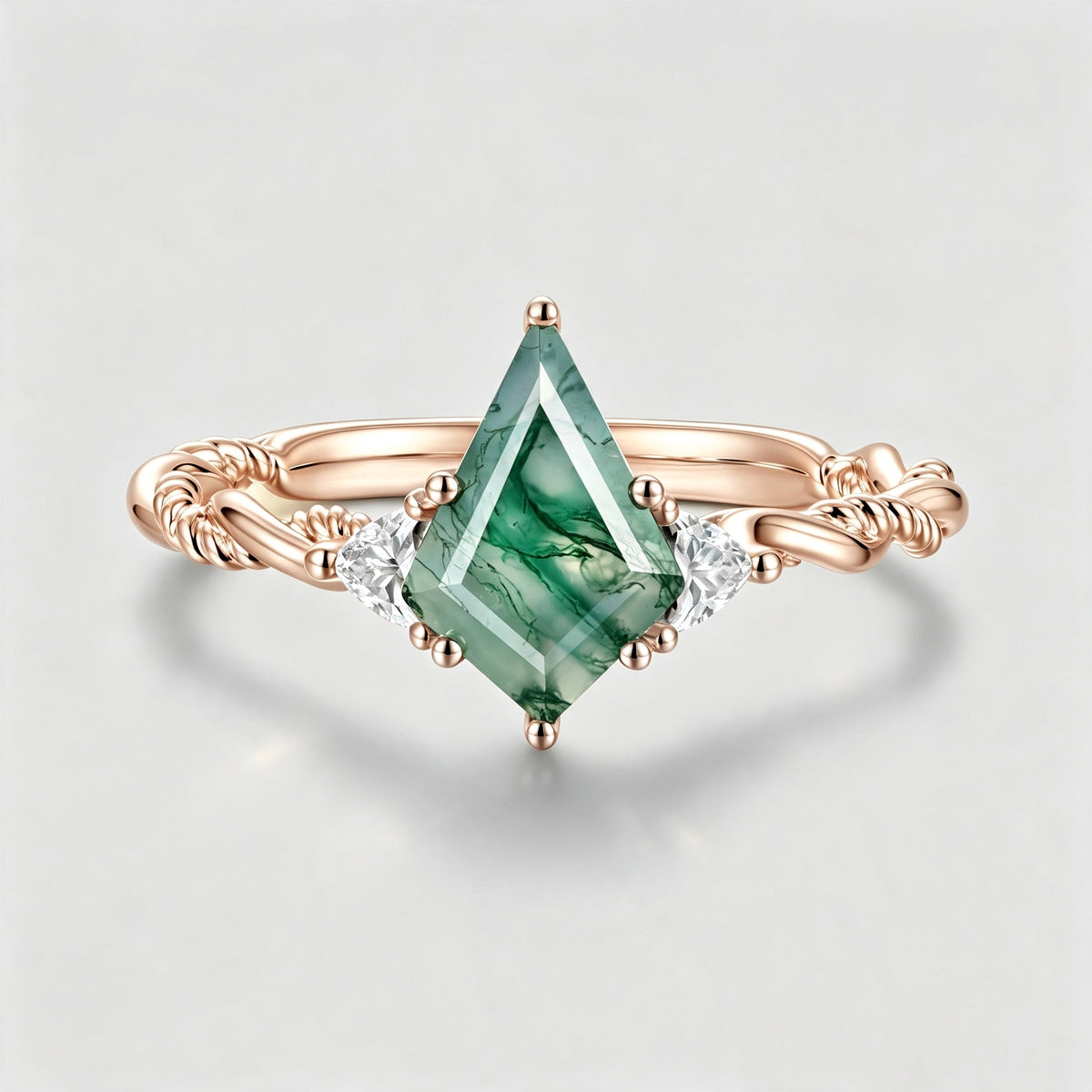 Kite Cut Natural Green Moss Agate Cluster Engagement Ring