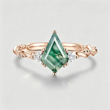 Kite Cut Natural Green Moss Agate Cluster Engagement Ring