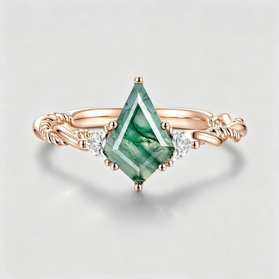 Kite Cut Natural Green Moss Agate Cluster Engagement Ring