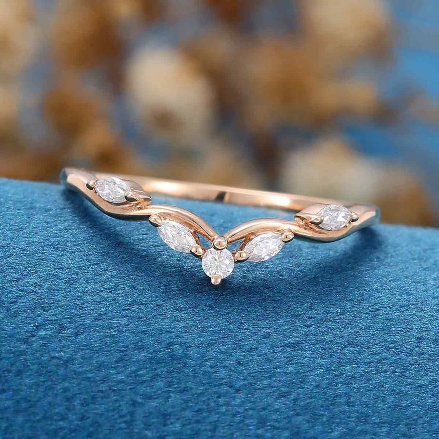 Marquise cut Moissanite | Diamond Rose gold Curved Wedding Band