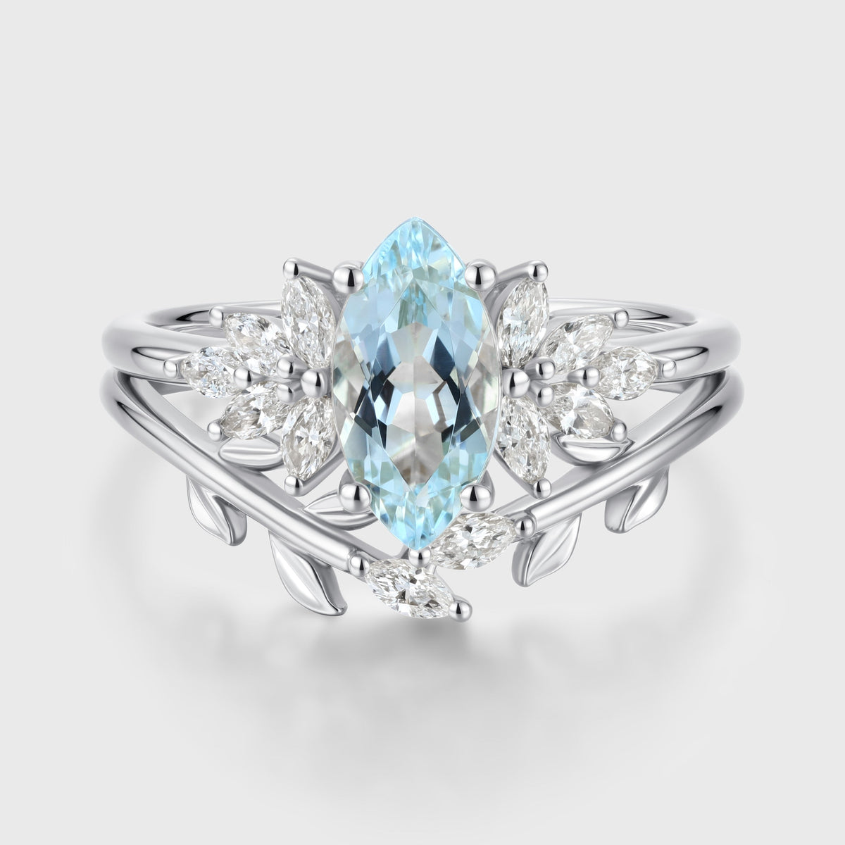 Marquise cut Aquamarine Cluste Engagement ring Bridal Set