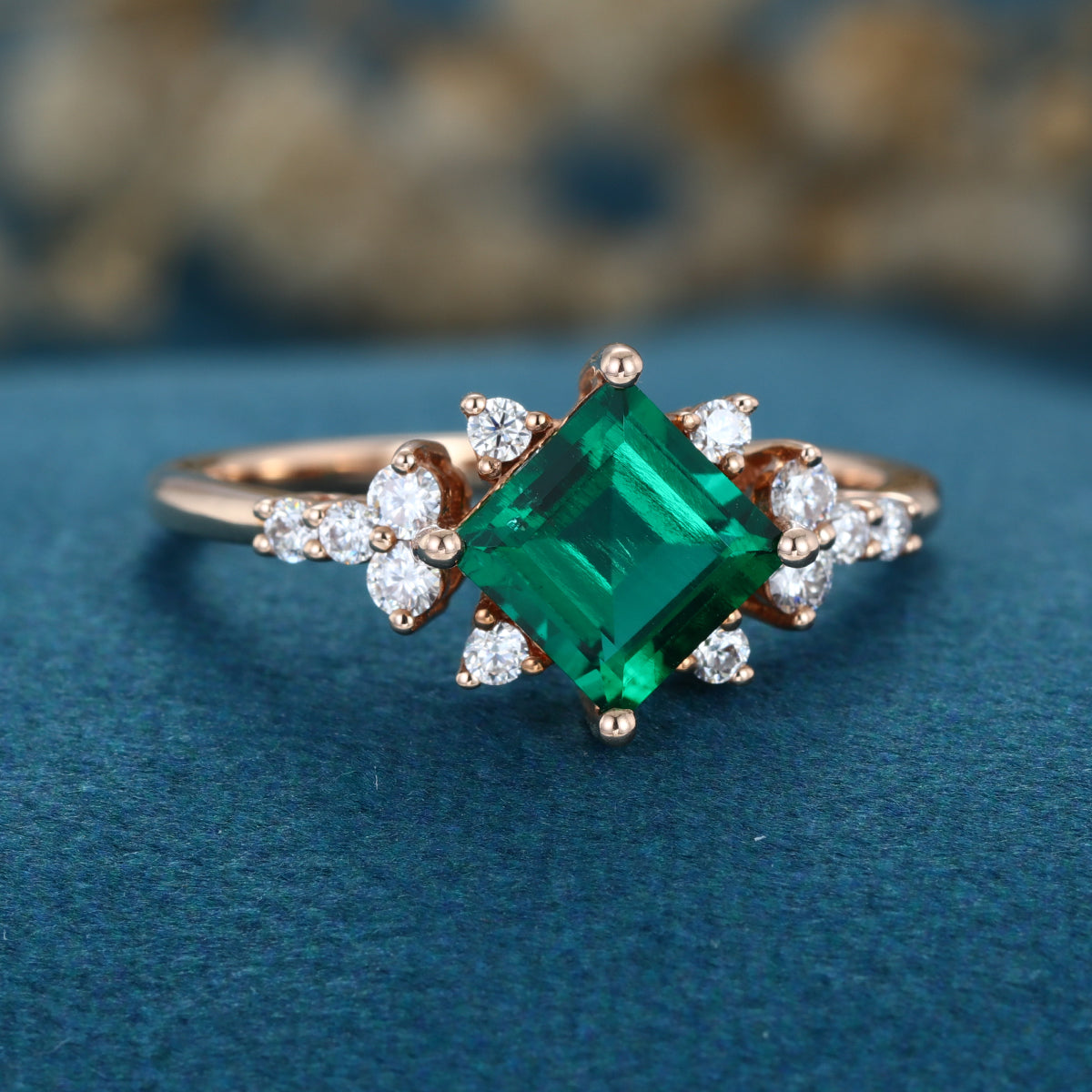 Princess cut Lab grown Emerald Solid Gold Engagement Ring