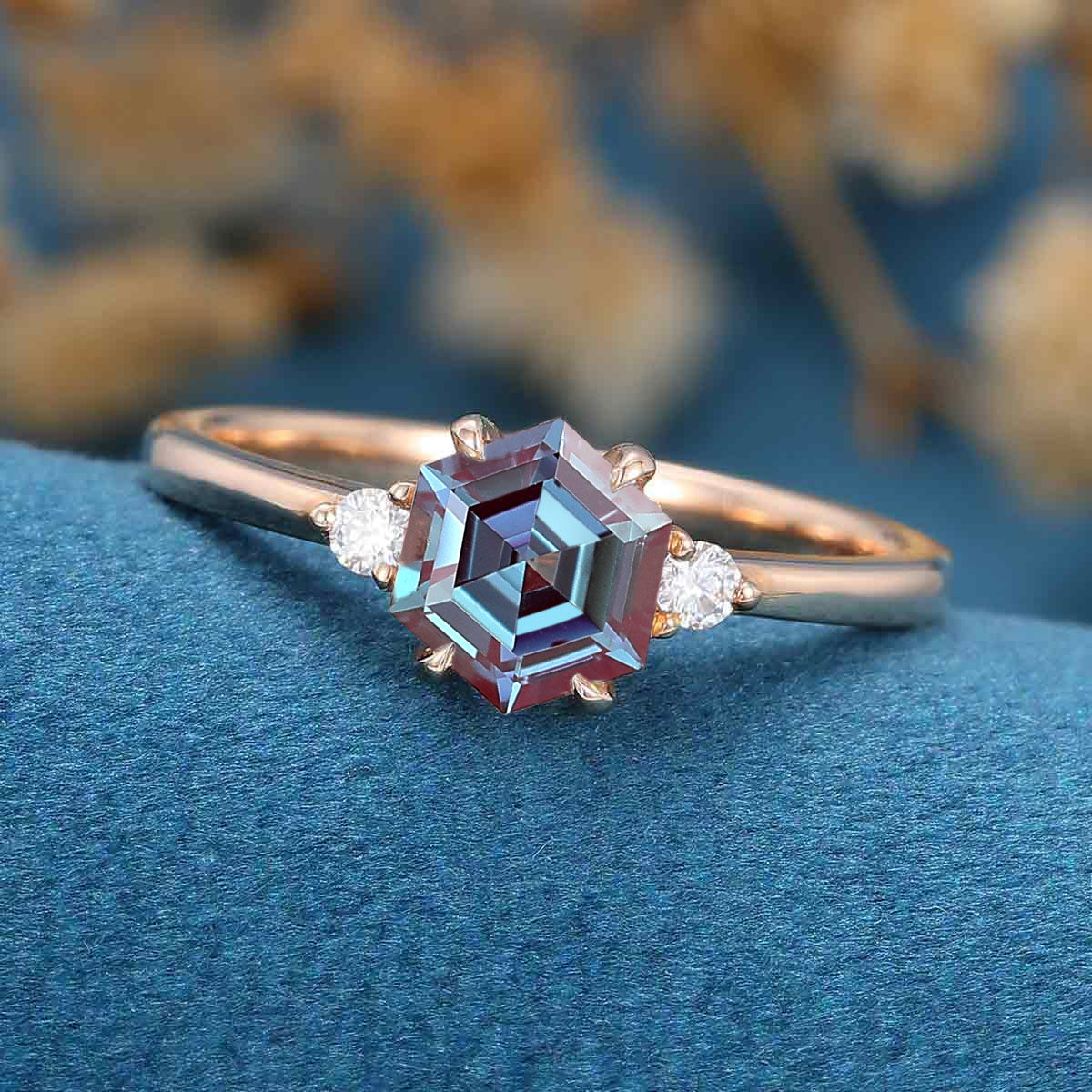 Hexagon cut Alexandrite | Diamond Engagement ring 